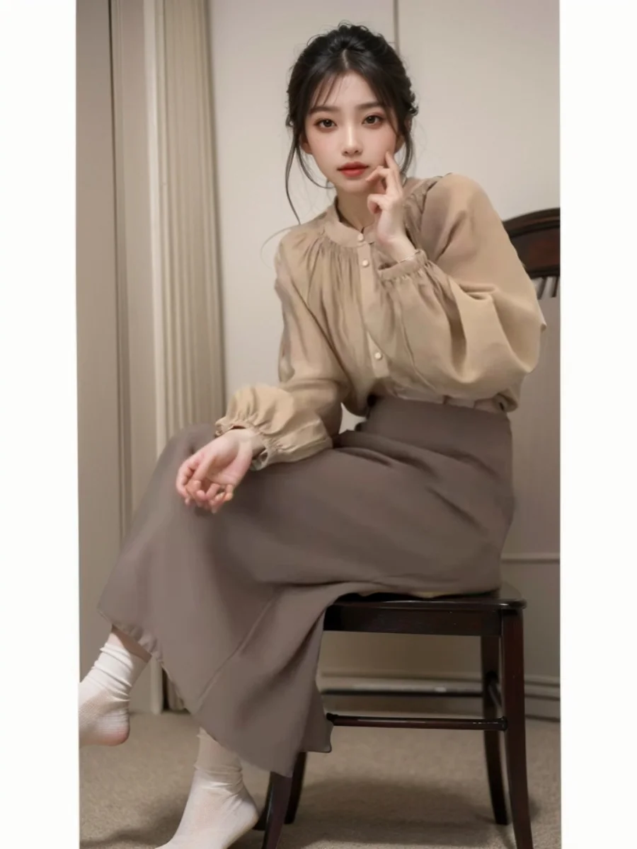 

Spring 2025 Slimming Shirt Skirt Set Elegant Salt System Fashionable Workwear Long Sleeve round Neck Two-Piece Women's Suit