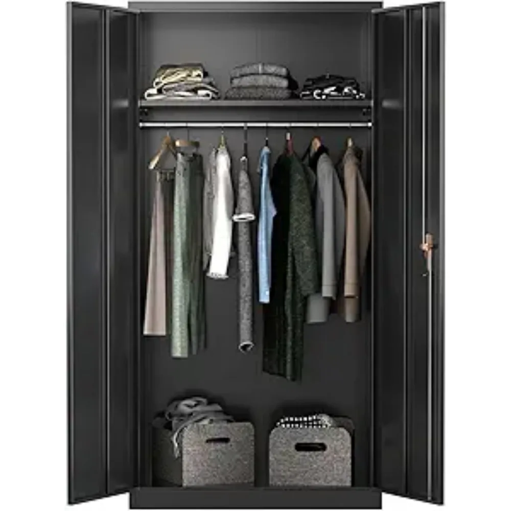 Large Metal Wardrobe Style Storage Cabinet with Adjustable Shelf, Cloth Rail, and Lockable Doors for Home Organization, Black