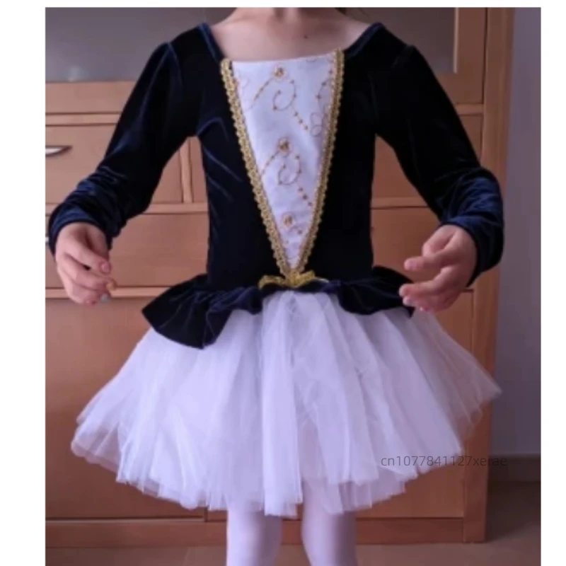 Children's Ballet Dance Costume, Girls' Gold Velvet One-piece Fluffy Skirt, Long Sleeved Ballet Dance Practice Costume