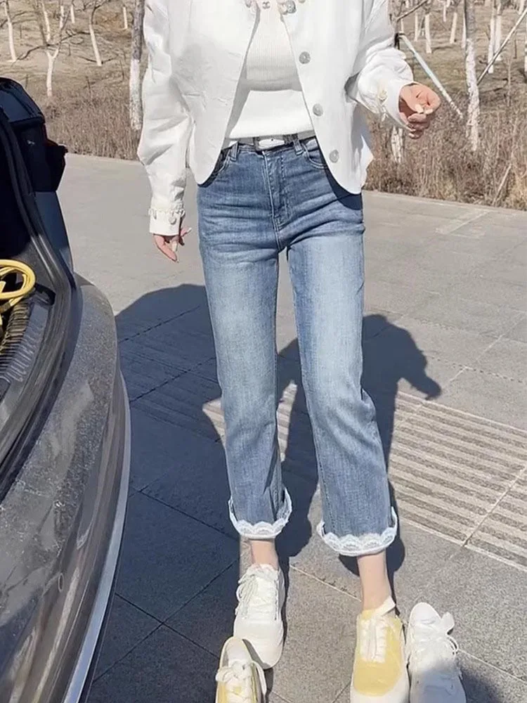 Damskie wyszczuplające dżinsy z wysokim stanem, elastyczne, szerokie nogawki, cienkie dżinsy jesienne, spodnie rozszerzane, luźny krój, proste nogawki typu tuba, kucyk