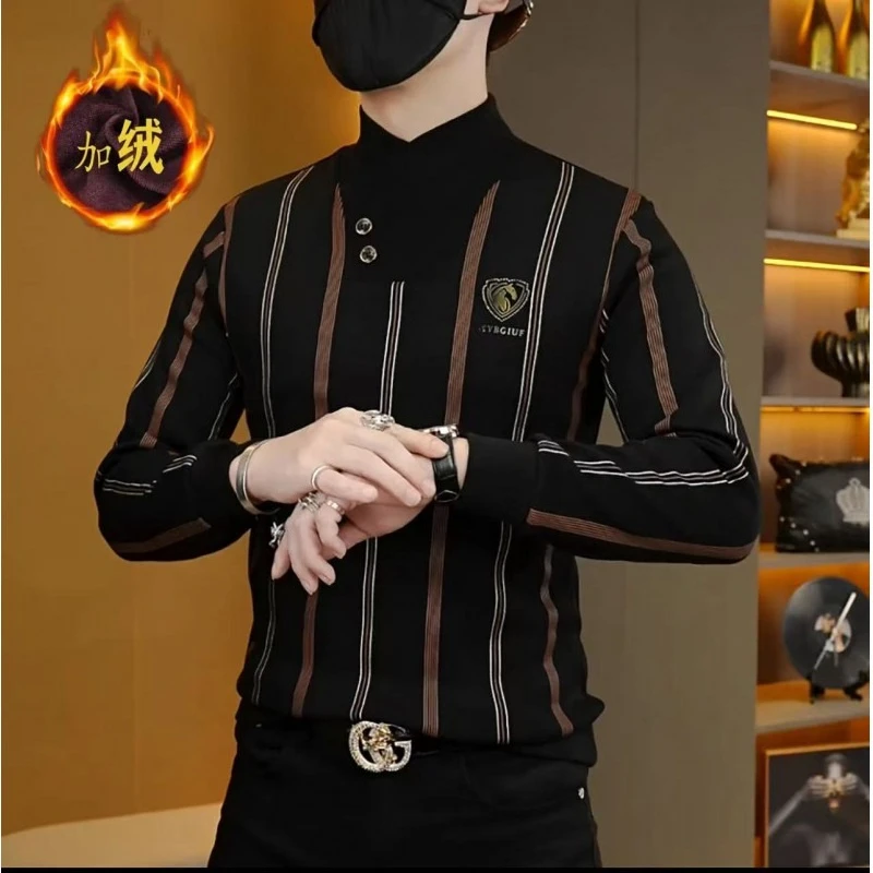 Autumn Winter Thickened Velvet T-shirt Men Long Sleeve Slim Fit V-neck T-shirt Casual Business Pullover Tee Tops Men Clothing