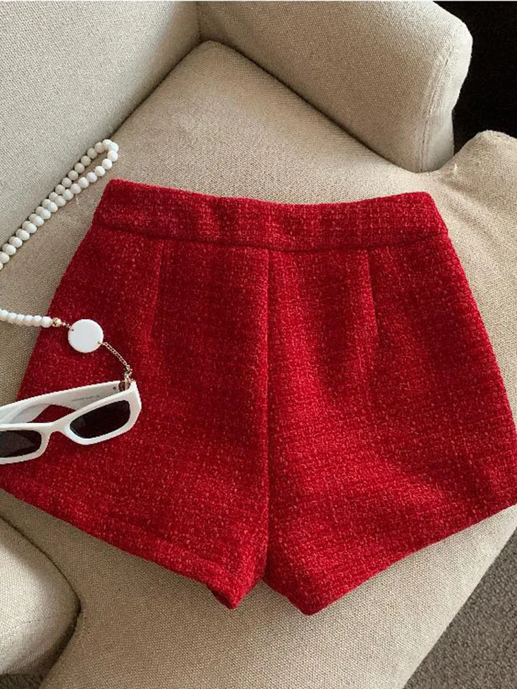 Tweed Shorts Women Korean High Waist Wide Leg Shorts Office Lady Elegant White Black Autumn Winter Casual All Match Short Pants