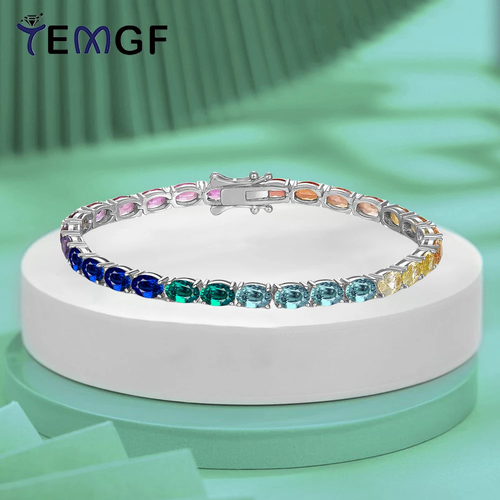 

TEMGF Colorful Cultivated Gemstones Bracelet 4*6mm Oval Cut 925 Silver Tennis Chain Plated 18K Gold for Women Fine Jewelry Gifts