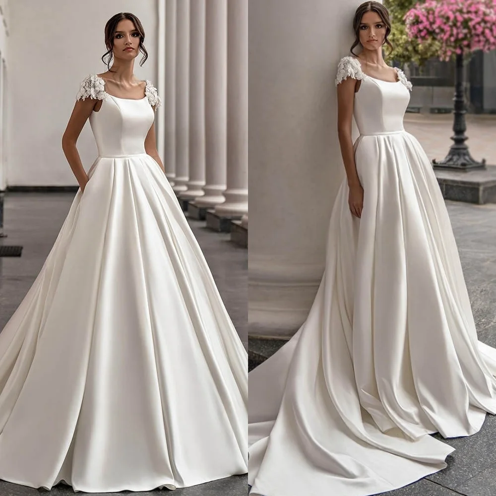 

Customized Romantic White Satin Wedding Dresses Short Sleeves Heavy Industry Wedding Dresses Luxury Special Occasion Gowns