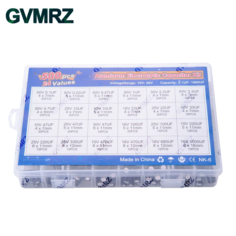 500PCS/lot 0.1UF-1000UF 24Values Aluminum Electrolytic Capacitors 16-50V mix Electrolytic capacitor Assorted kit and storage box