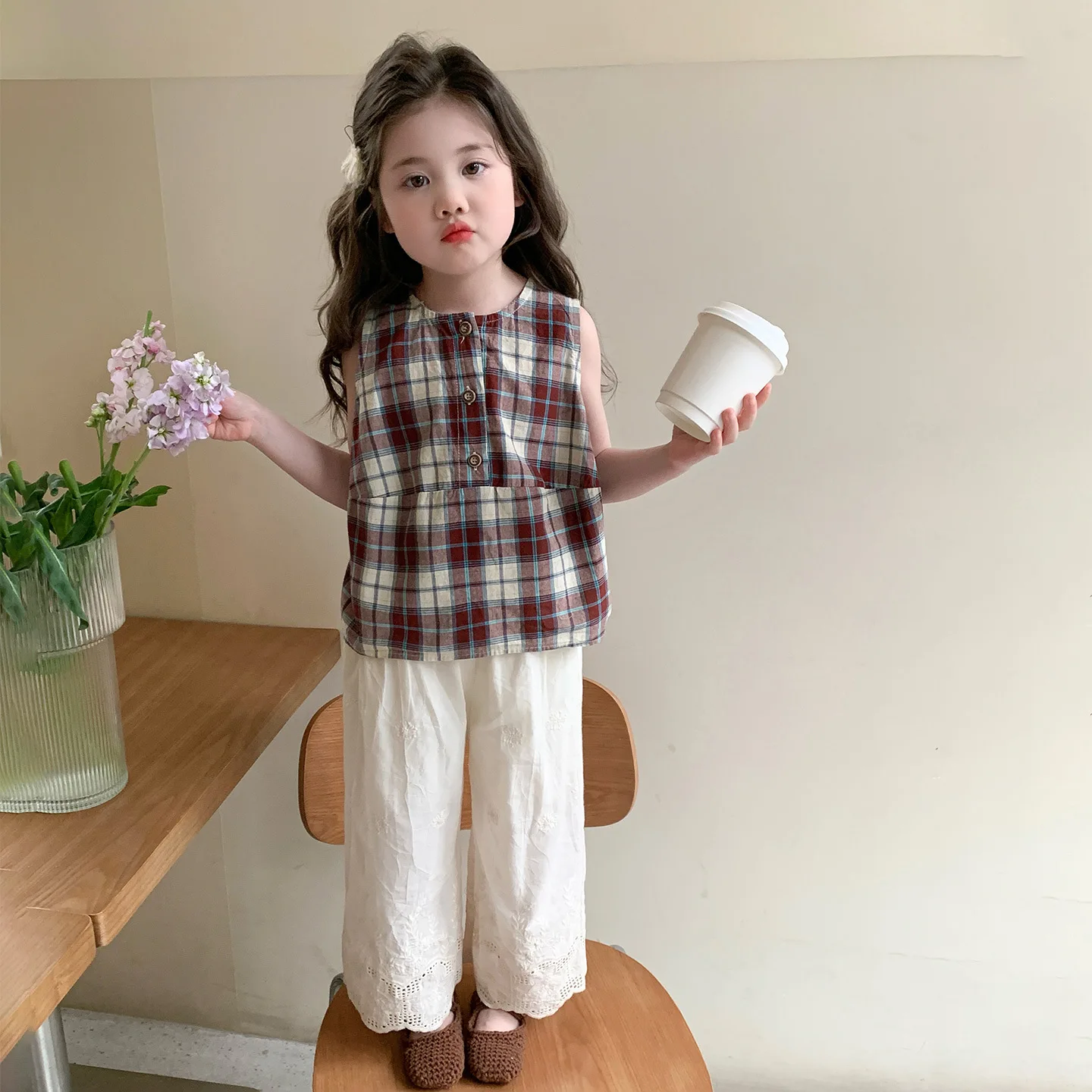 

2026 Summer Fashion Girls Casual Two Piece Suits Sleeveless Tops Loose Wide Leg Pants Set Stylish Daily Wear Summer Clothing