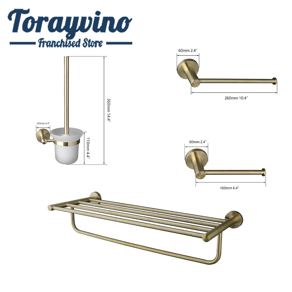 Torayvino Brushed Gold Bathroom Accessories Wall Mounted Bath Towel Holder Rack Tissue Holder Toilet Brush Circular Mount Base