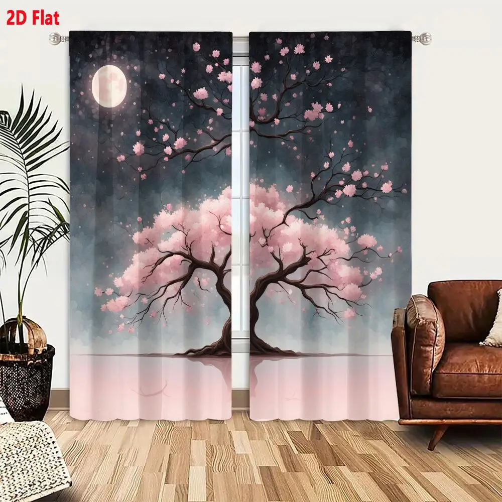 2Pcs Curtains 2D Flat Serene Night Scene With Vibrant Pink Blossom Trees And Full Moon Reflection On Calm Water Window Drapes fo