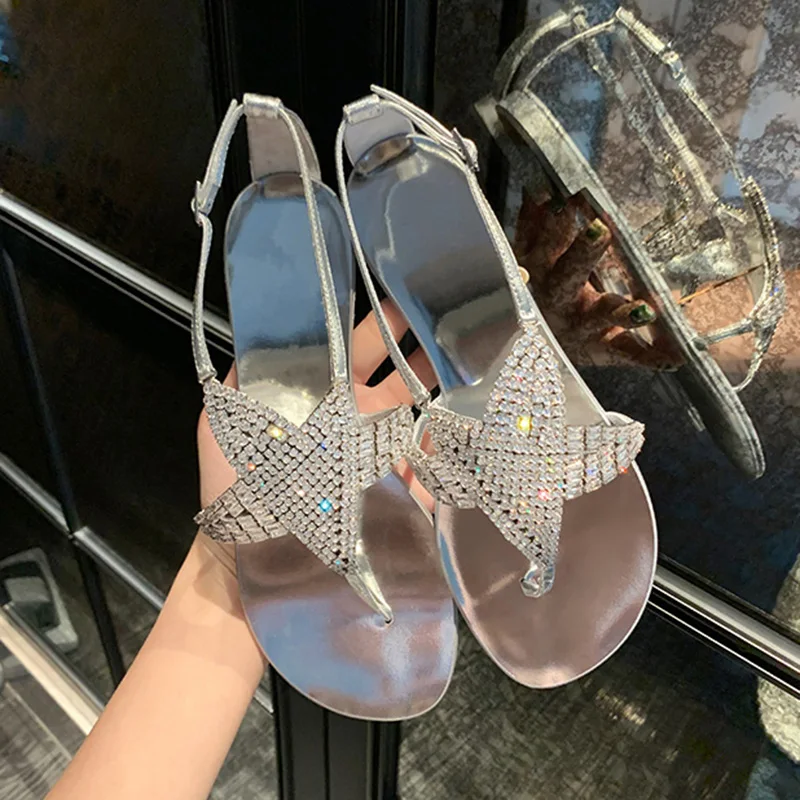 

Split Toe Sandals Women's Summer New Style T-Shape Casual Sandal Rome Rhinestone Star Flat Sandals Outside Beach Shoes