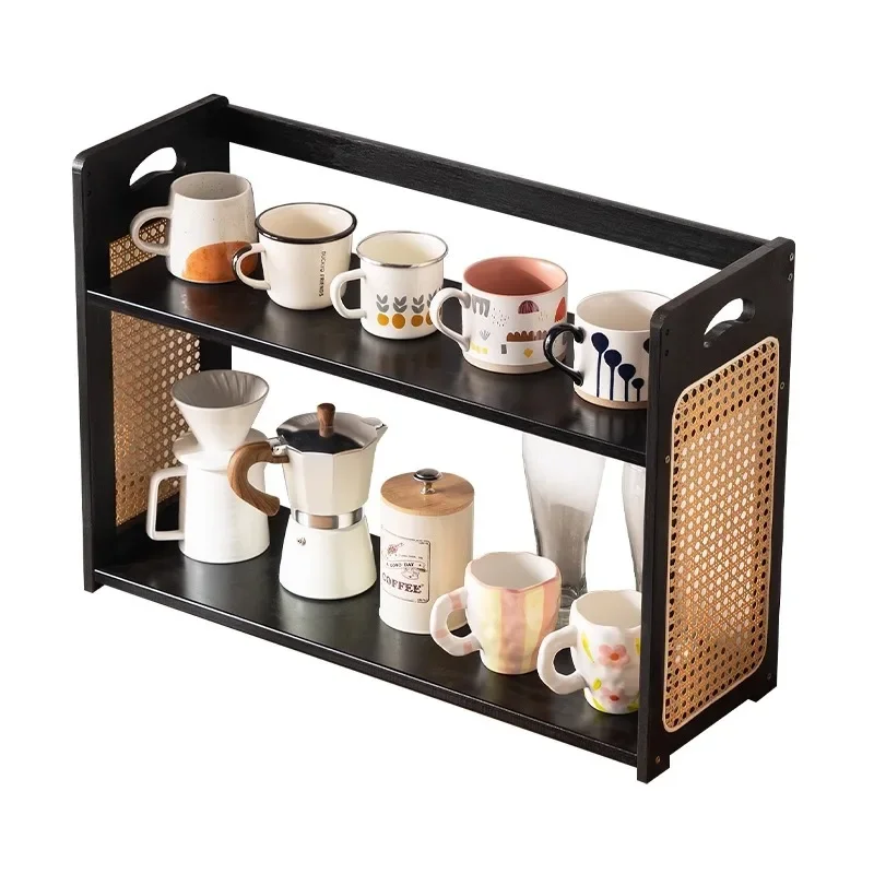 

Water Cup Storage Shelf Desktop Holder Imitation Rattan Tea Set Storage Mug Kitchen