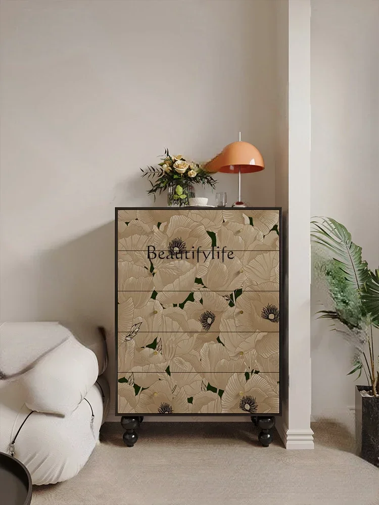 FG43*Chinese style hibiscus picture entrance solid wood chest cabinet decoration against the wall free installation locker