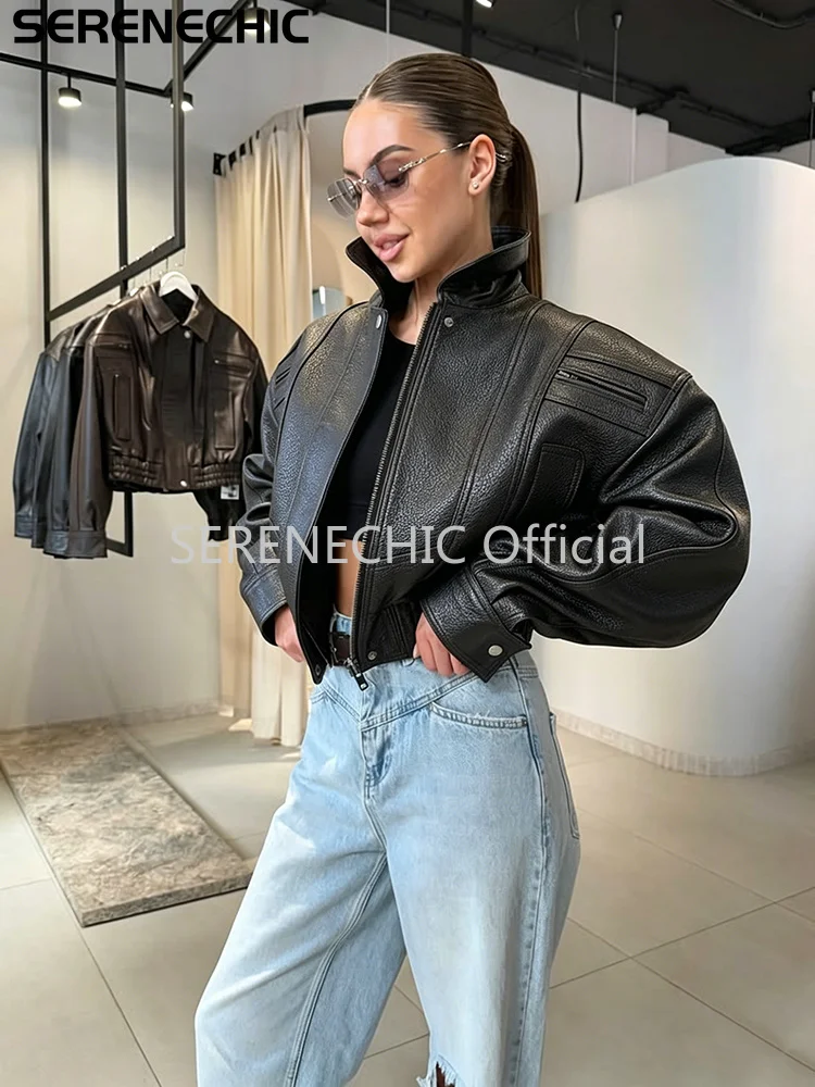 SERENECHIC Textured PU Aviator Coat with Elastic Hem Women's Black Cropped Faux Leather Jacket New Vintage Outerwear Female