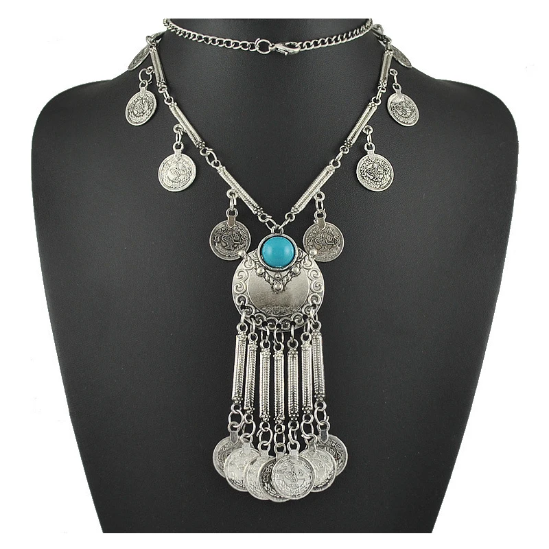 Trendy Bohemian Long Necklace For Women Vintage Ethnic Gypsy Boho Beach Antique Silver Color Necklace Coin Tassel Turkey Jewelry