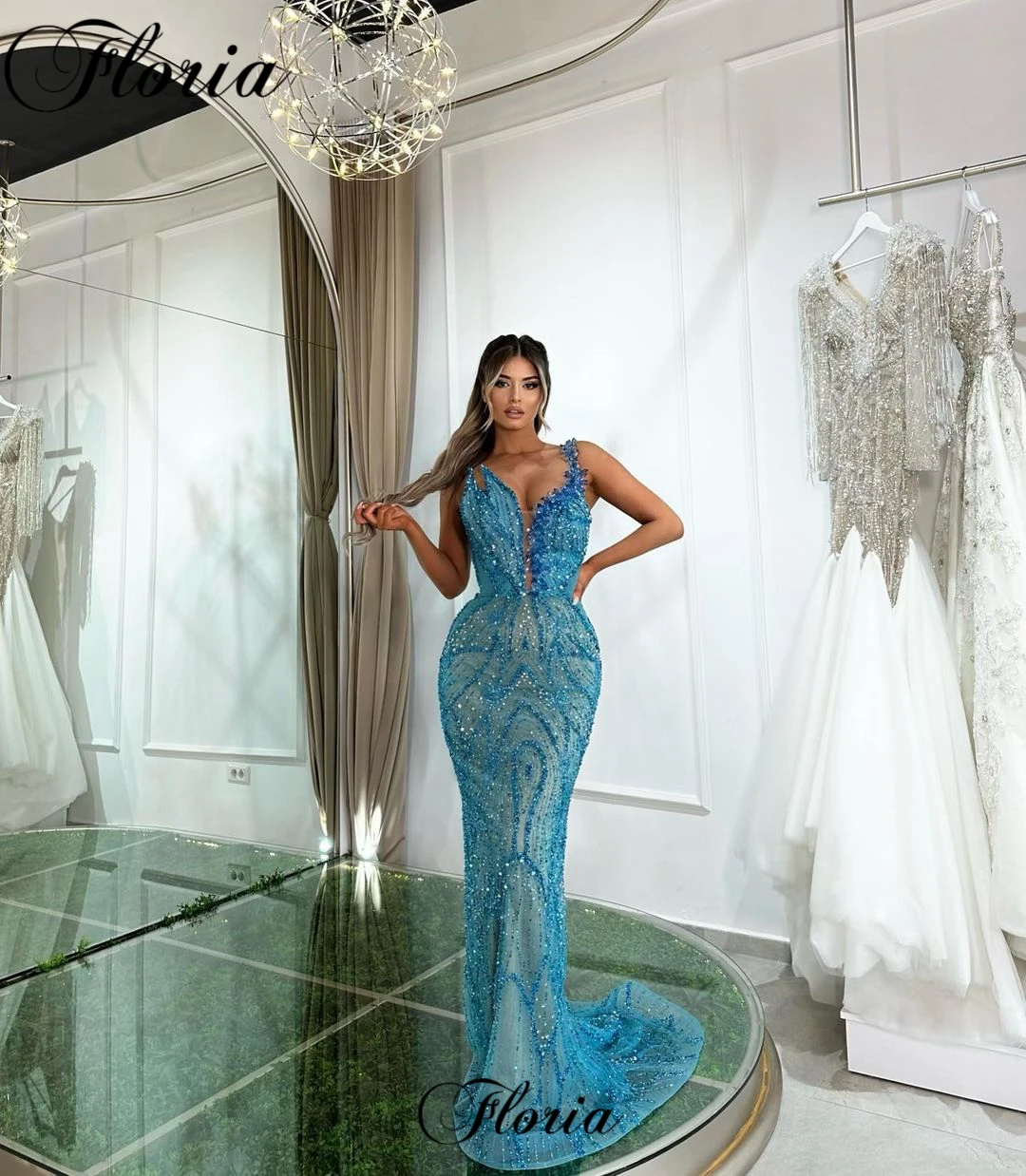 Blue Beaded Celebrity Dresses 2023 Mermaid Designer Prom Dresses Long Crystals Grand Evening Party Gowns Vestidos De Noche