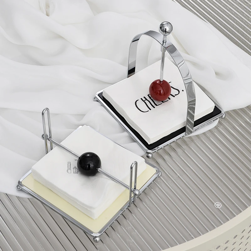 Moderner minimalistischer Serviettenhalter, quadratischer Eisen- und Acryl-Taschentuchständer, Tischpapierpresse, Aufbewahrung und Dekoration mit Papierclip, konkave Bogenform, Schwarz und Creme-Weiß – Detail 5