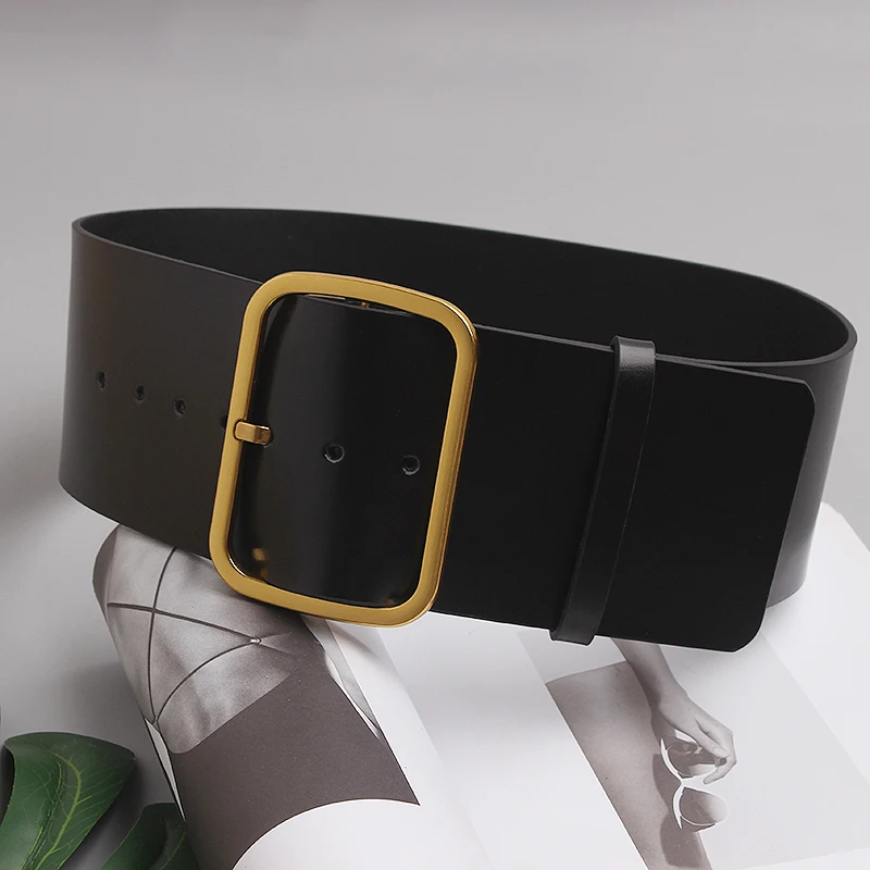 2022 9.5Cm Wide Cowhide Waistband Metal Buckle Waist Belt Black Plain Genuine Leather Coat Dress Female Cinture Commerbund Belt
