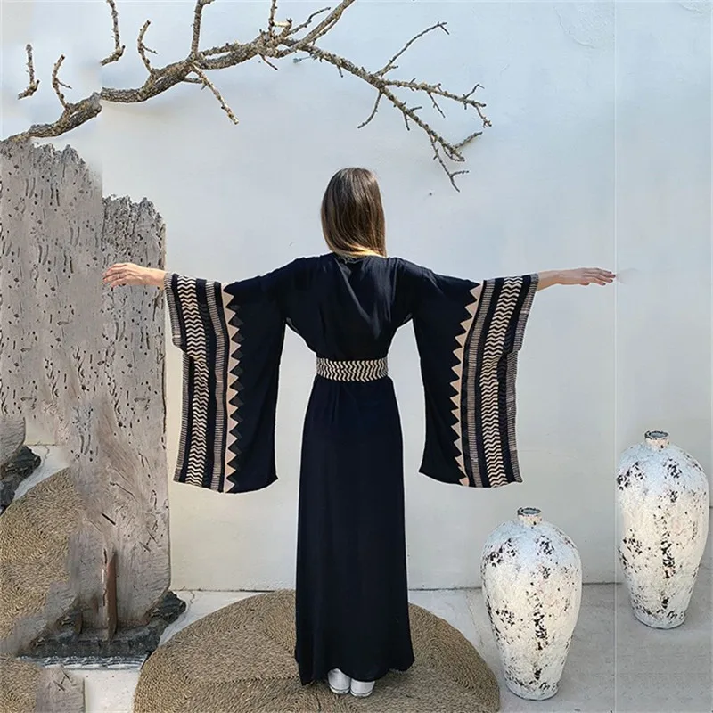 TEELYNN Swimwear Cover Up Women 2022 Summer Maxi Beach Kimono Vintage Deep V Long Sleeve Loose Dress Holiday Vestidos Blouses