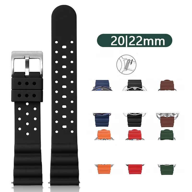 20mm 22mm Silicone Strap for Seiko/Omega/Longines/Black & Green Aqua Ghost Dive Watch Sport Waterproof Replacement Watch Strap