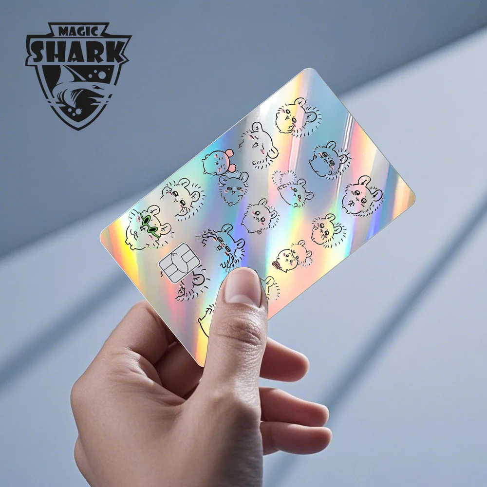 Magic Shark Cartoon Cute Meme Cat Rabbit Shinny Laser Holographic Front Sticker Film Skin for Debit Credit Card view 3
