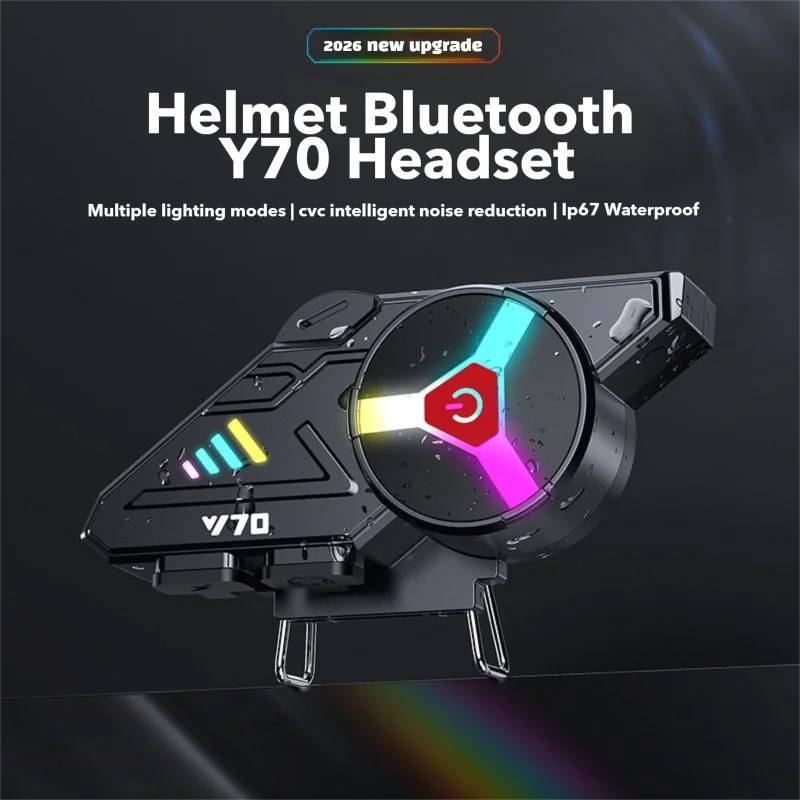 

2026 НОВЫЙ Y70 Красочная подсветка Мотоциклетный Bluetooth-гарнитура для шлема Наушники IPX6 Водонепроницаемая поддержка подключения 2 телефона в тот же время
