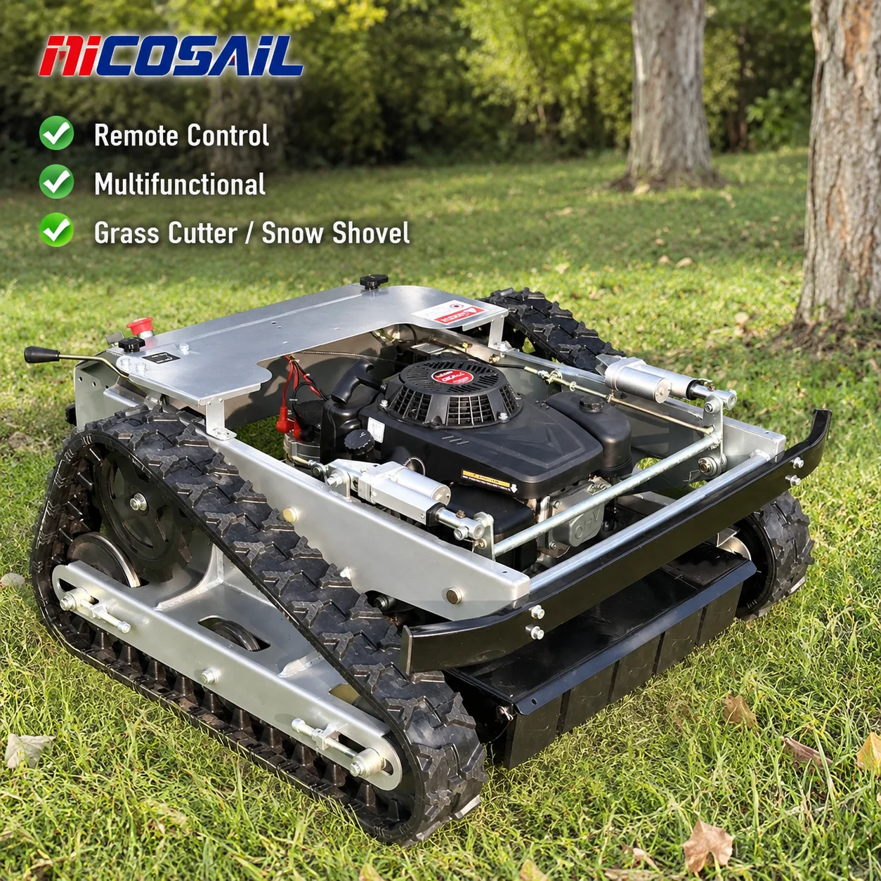 Remote Control Tracked Lawn Mower with Snow Shovel Multifunctional Grass Cutter for Garden Landscaping and Vegetation Control