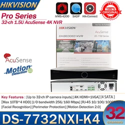Hikvision Original NVR 32-ch 1.5U AcuSense 4K NVR DS-7732NXI-K4 32ch Cameras Network Video Recorder Support Third-party Camera