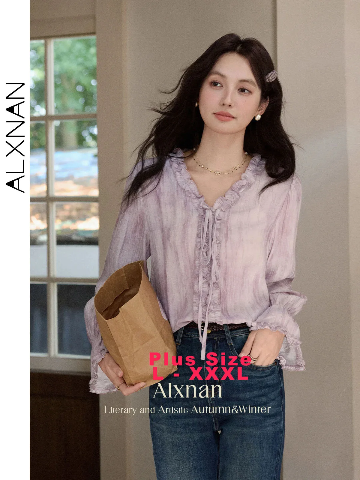 

ALXNAN фиолетовая рубашка больших размеров, элегантные повседневные женские блузки с v-образным вырезом, осень 2021, топы с длинными рукавами, женская шифоновая рубашка D12736