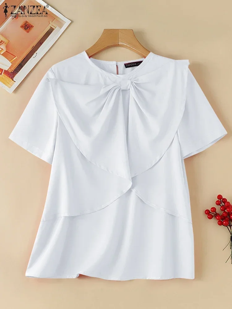 ZANZEA 2025 夏の女性の韓国 Tシャツシックなちょう結び半袖ブラウスパッチワーク O ネックトップスホリデーカジュアルルーズ固体チュニック