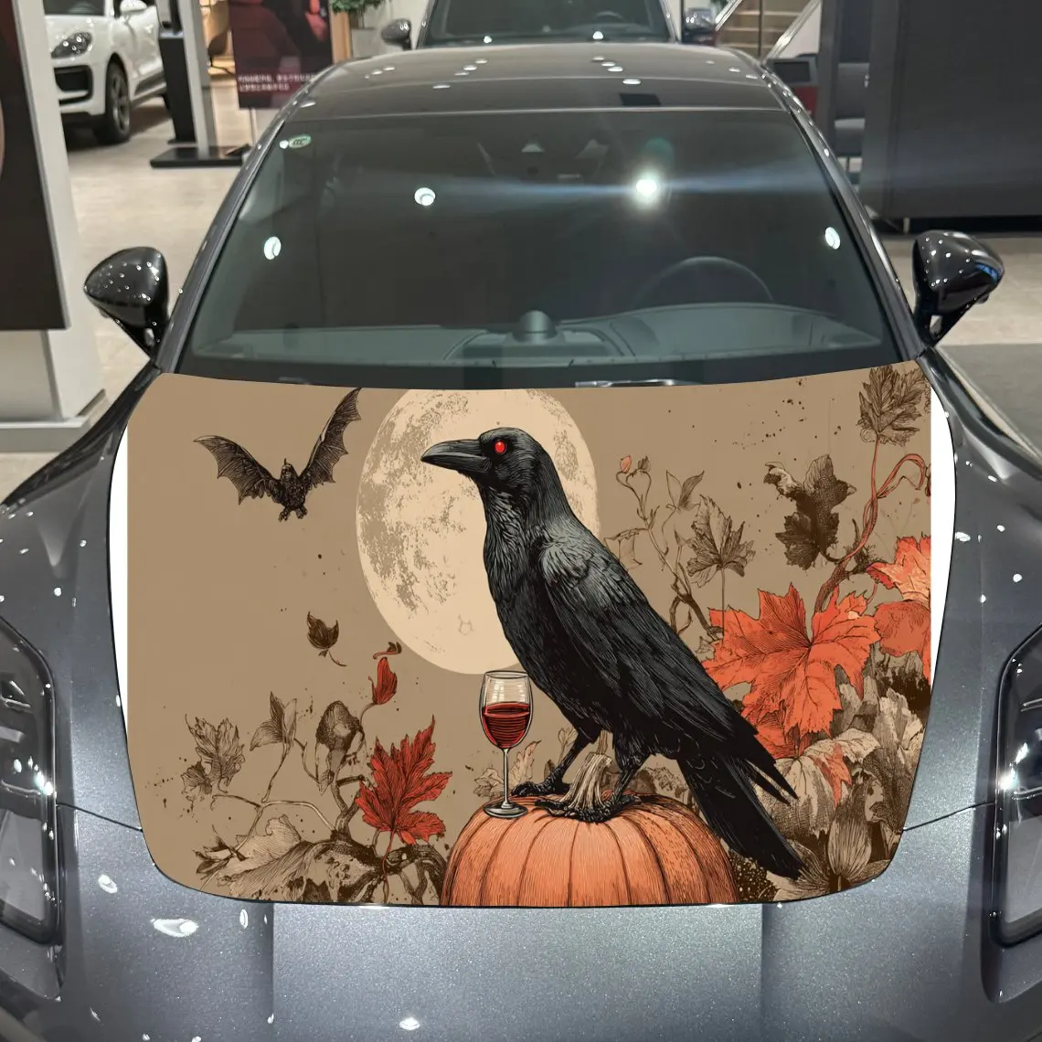 Halloween-themed Full Moon Raven Pumpkin Car Hood Vinyl Stickers Car Surface Protection Decal Car Decoration Cover Vinyl Wraps W