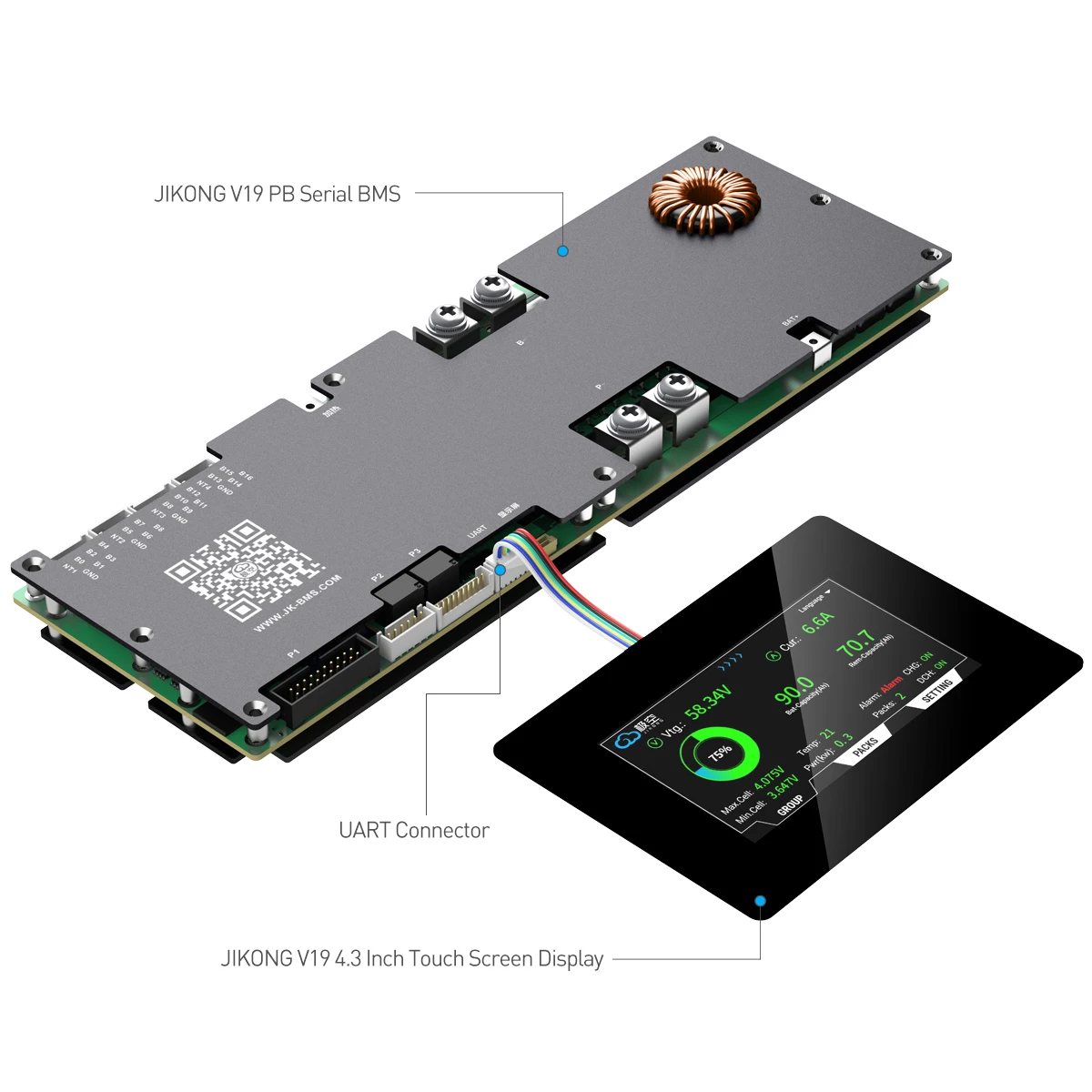 JK BMS V19 8 ~ 16S 200A JIKONG تخزين الطاقة المنزلية BMS 24V 48V التوازن النشط 2A LiFePo4 بطارية ليثيوم أيون LTO LCD-4.3-TTL-P