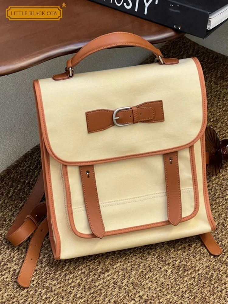 

2025 New Casual Versatile Women Summer Buckle Canvas Backpack Color Block Design High Capacity Fashion Ladies School Satchel