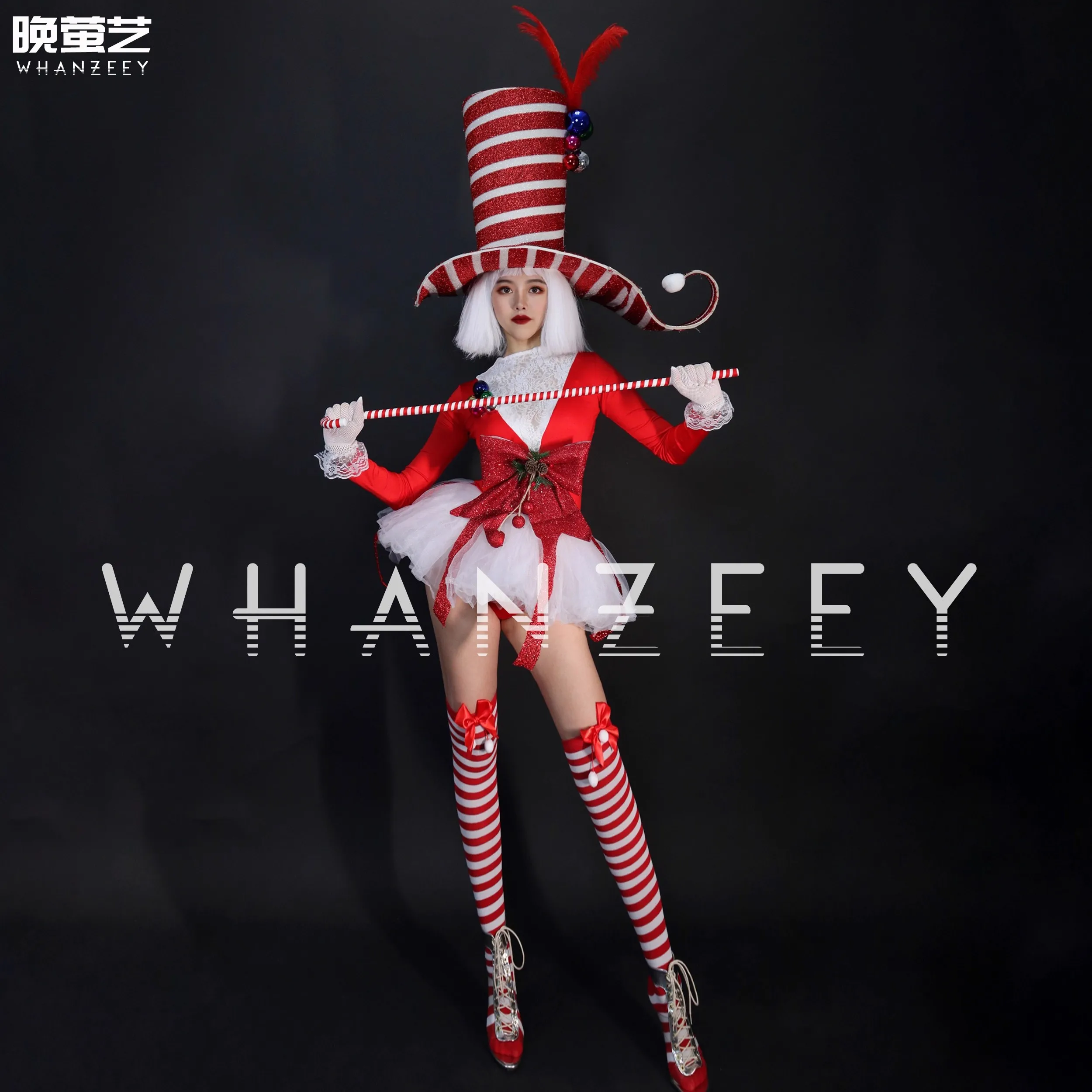 Bar Gogo Kerstkostuum Rood Wit Gestreept Overdreven Grote Hoed + Outfits Carnaval Parade Dsds Zanger Dans Podiumfeest Prom Wear