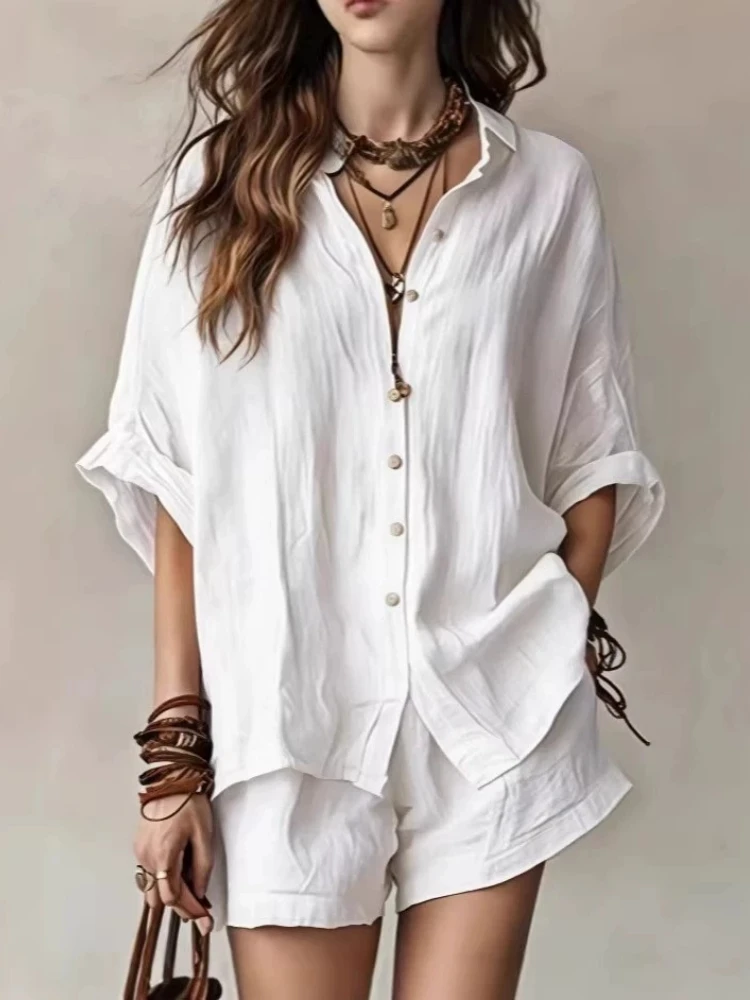 

Women's 2-Piece Set Elegant Button-Down Shirt and Shorts Outfit Minimalist Loose Fit Short Sleeve Top Casual Relaxed Set