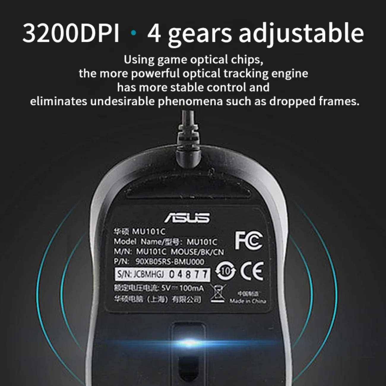 ASUS Wired Blue Ray Silent Mouse ambidestro 3200 DPI Mouse da gioco Office USB Plug and Play Laptop/PC/MAC/PHONE nero