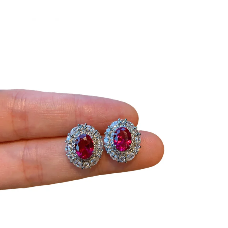 Jewelry Pigeon Blood Ruby Necklace European and American Exaggerated Colorful Gemstone S925 Silver Needle Earrings Banquet Jewel