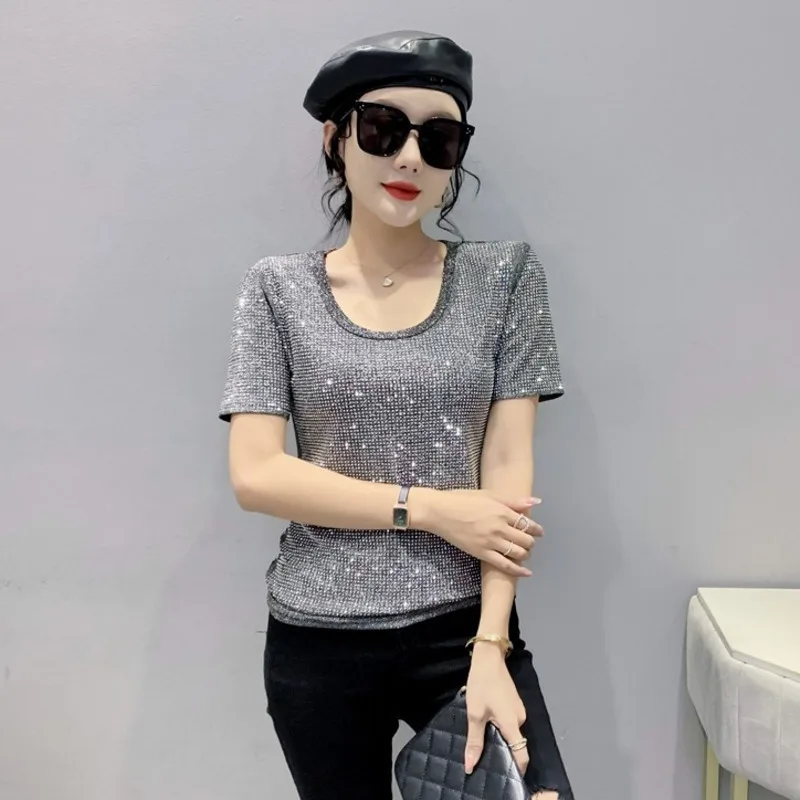 #5251 Black Silver Shiny Diamonds Short T Shirt Female Summer Streetwear Hip Hop T Shirt Women O-neck Sexy Club Tee Shirt Femme