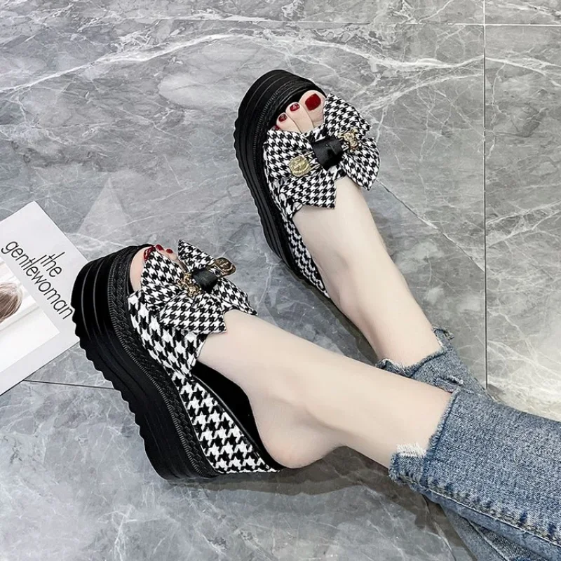 2023 Women\'s High Heel Slippers Luxury Slippers Platform Summer High Designer Fashion PU Shoes Bow Decoration Women Shoes Heels