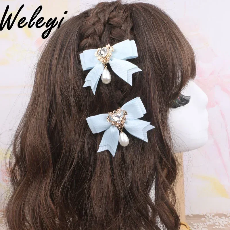 Lolita Sweet Hair Accessories Female Jirai Kei Japanese Korean Cute Girl Side Clips Mine Style Lace Bow Rhinestone Hairpins 2024