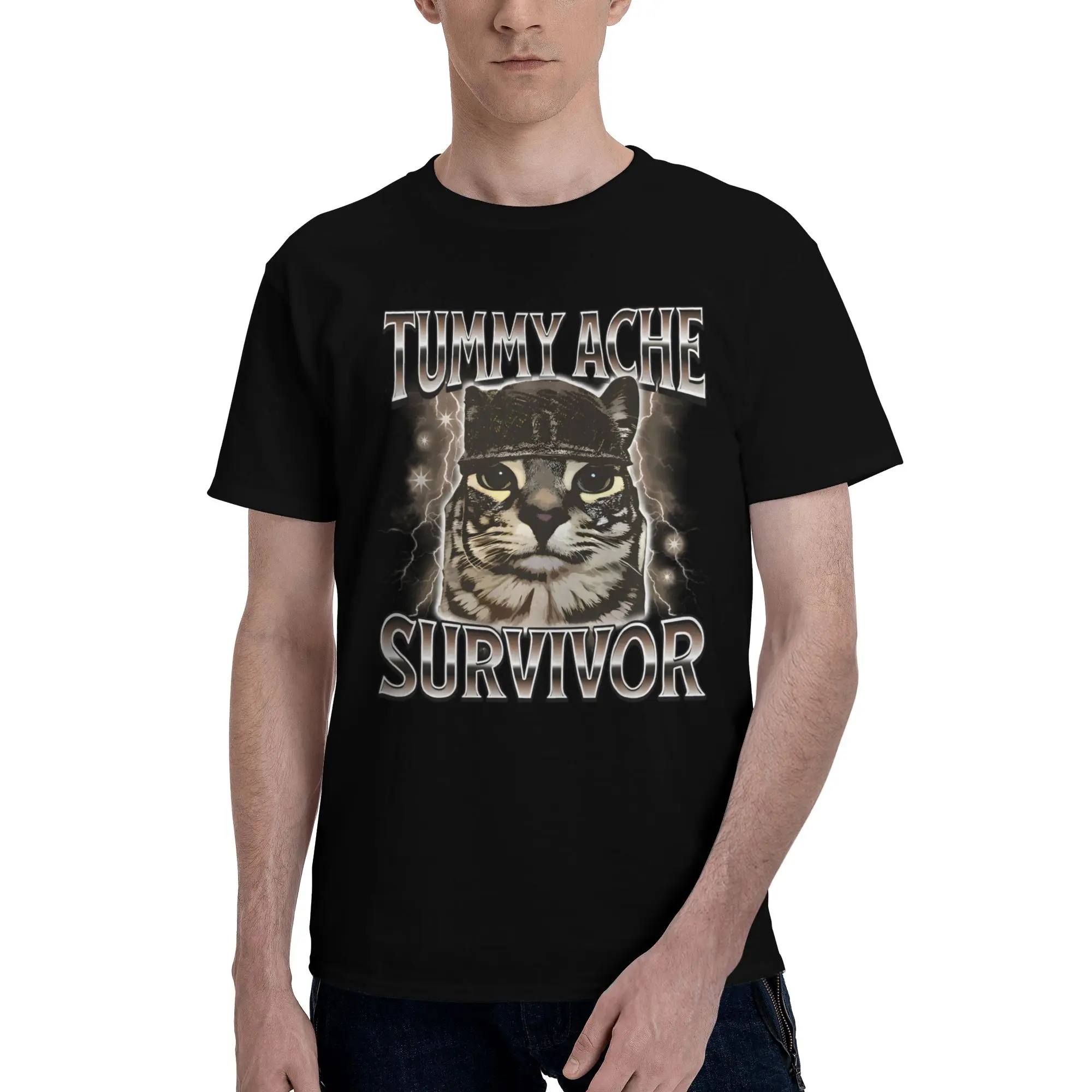 

Tummy Ache Survivor Cat Meme T Shirt for Men Pure Cotton T-shirt Humor Summer Short Sleeve Tee Shirt Loose Fit Clothing Gift