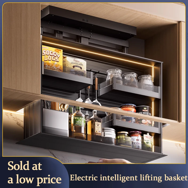 Kitchen Hanging Cabinet Electric Lifting Basket Intelligent Voice Touch Pull-Down Vertical Automatic Lifting Seasoning Basket