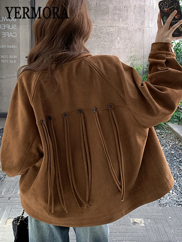 YERMORA Coffee Back Ribbon Pocket Casual Jacket For Women Lapel Long Sleeve Loose New Coat Fashion Tide Spring Autumn 2025