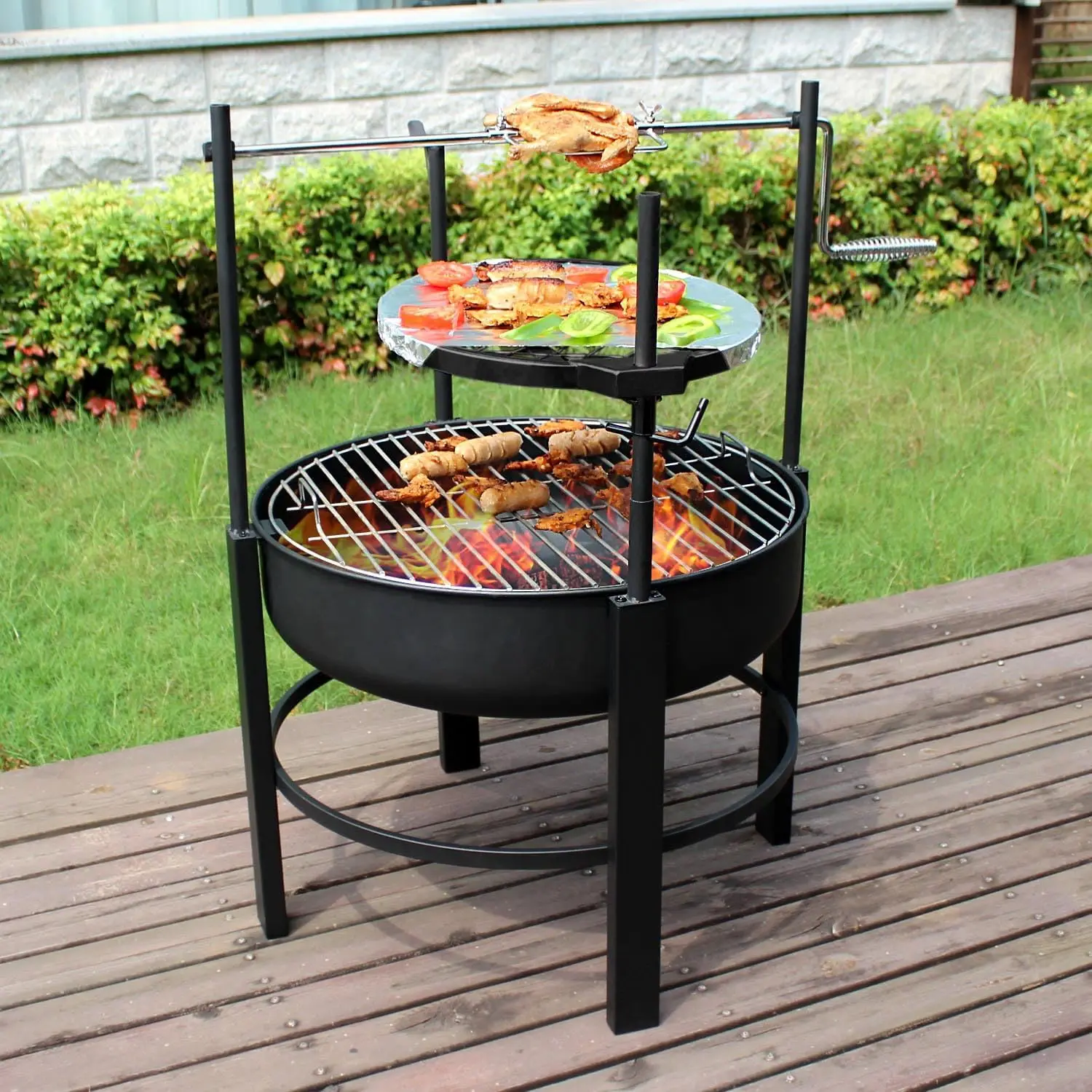 

26 inch Fire Pit with 2 Grills &1 Rotisserie Kit, Wood Burning Fire Pits for Outside with Poker & Round Waterproof Cover, BBQ