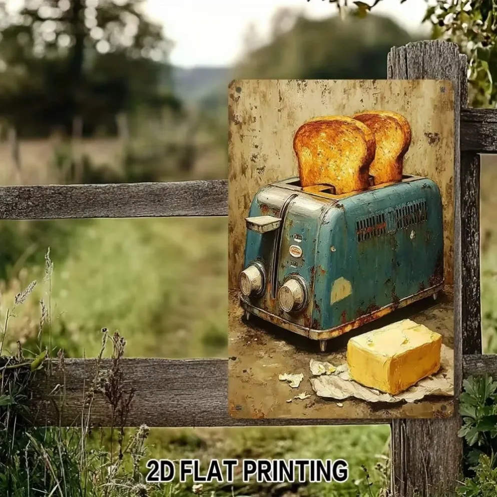 Plato de desayuno vintage de 1 pieza: bandeja rústica para servir pan tostadas y mantequillas con diseño de tostadora retro, decoración de cocina de aluminio duradera