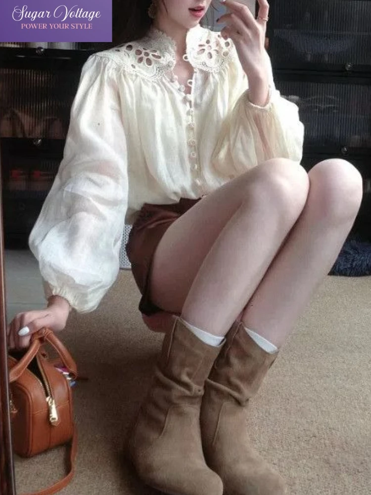 

Корейская мода, винтажный элегантный комплект из 2 предметов, женская свободная полая рубашка на одной пуговице + шорты с высокой талией, французский повседневный однотонный наряд