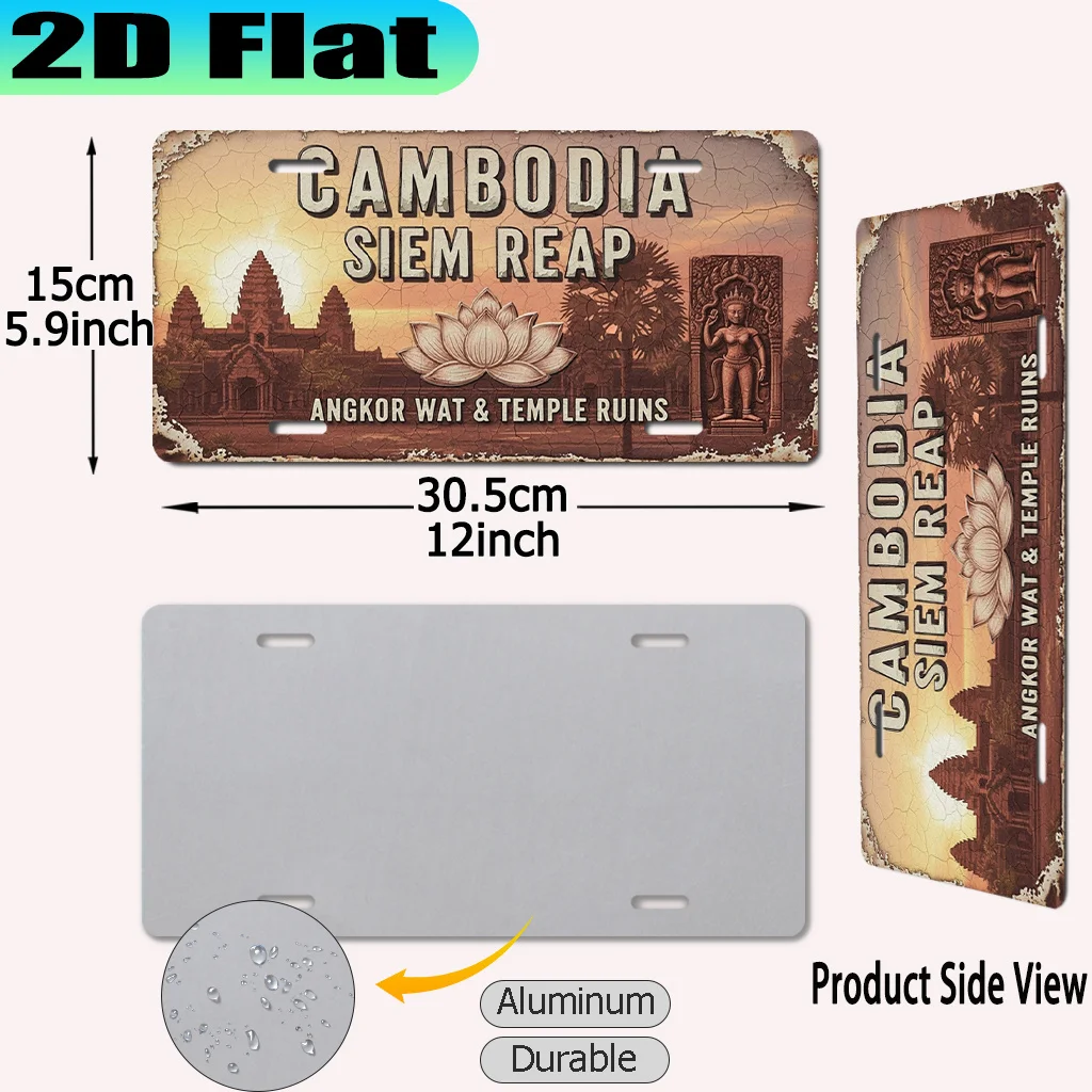 2D Flat Cambodia Siem Reap Angkor Wat Temple Ruins Vintage License Plate Style Aluminum Metal Painting Wall Decor for Home Bar