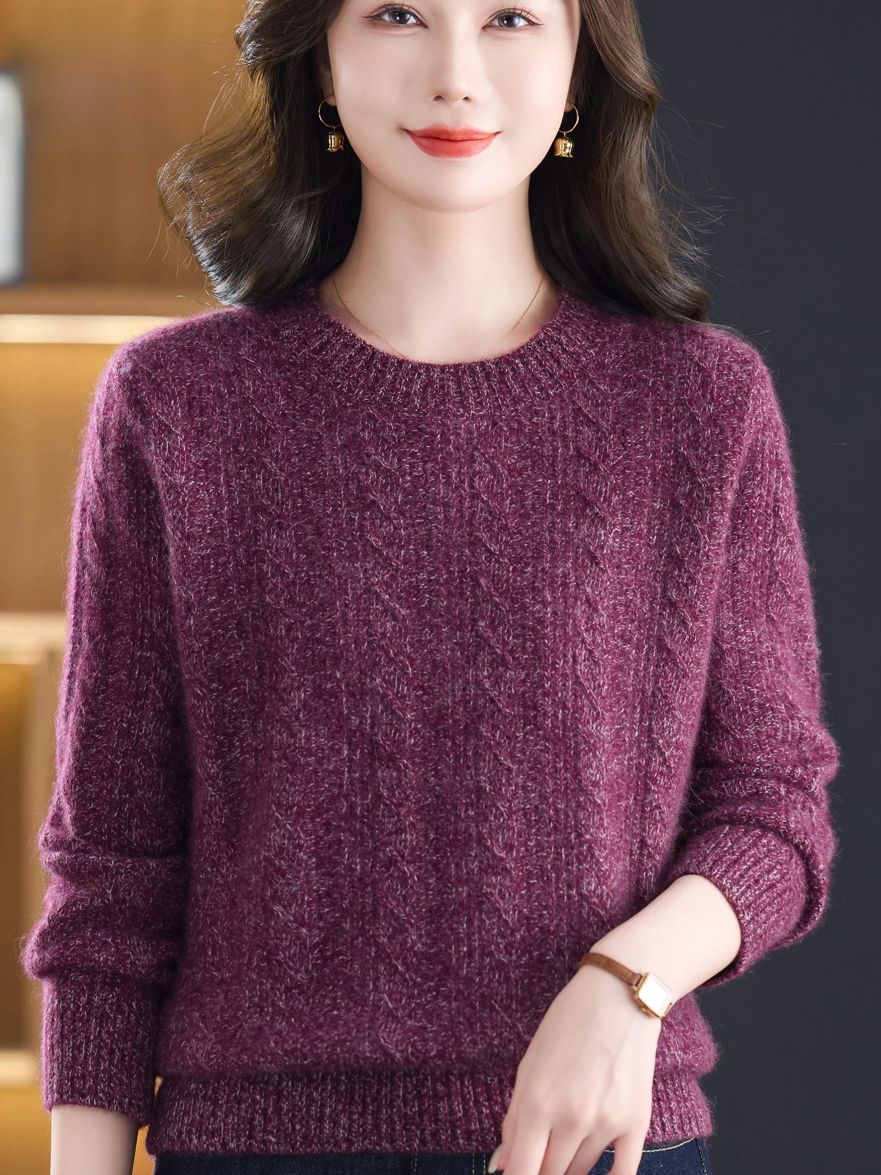 

Warm Thiened Pure Woolen Sweater round Ne Knitted Top for Middle-Aged Women Autumn Winter Faionable Mommy Clothes