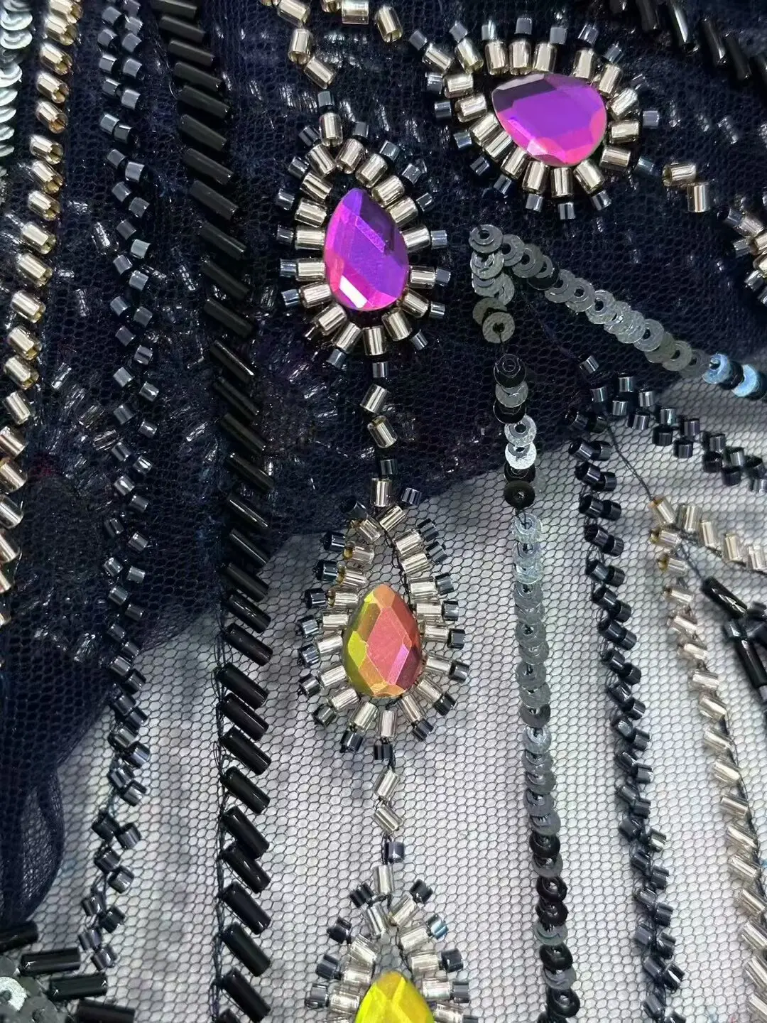 

(5yards/pc) High quality big colorful rhinestones fixed French lace tube beads sequins embroidered African party lace FDP104