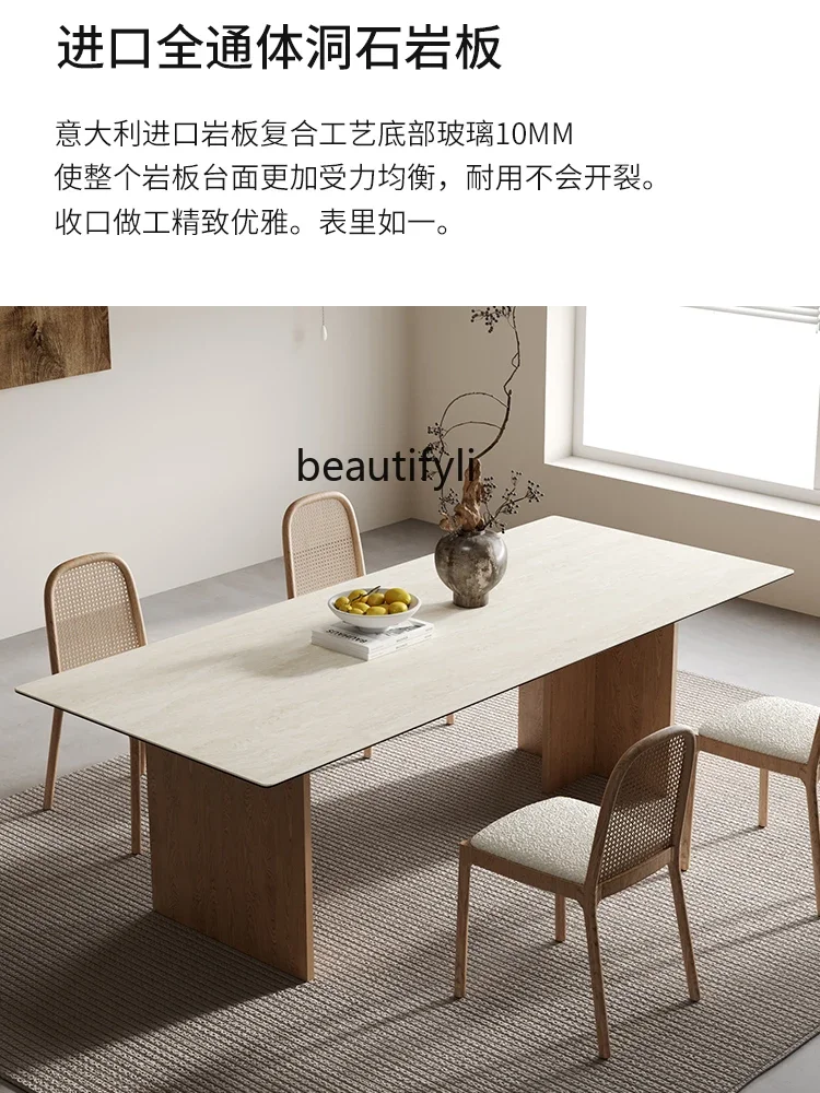 

Cream style French retro rock slab rectangular travertine dining table solid wood home light luxury C56
