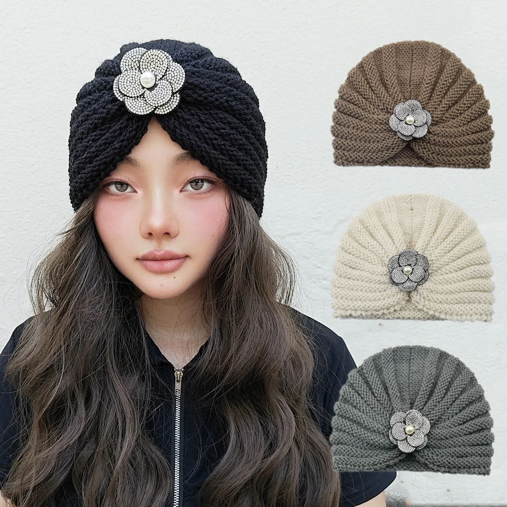 Gorro de Turbante de punto para mujer, gorro de Camelia, gorro envuelto en cruz, gorro de Turbante cálido bohemio musulmán para invierno y otoño, accesorios para el cabello