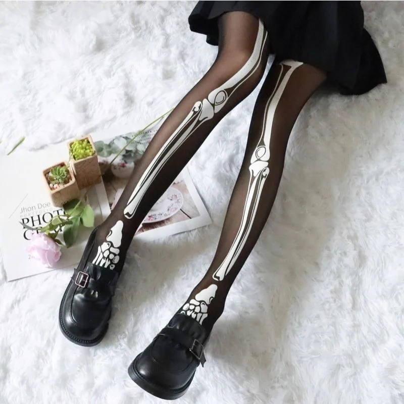 Harajuku Style Personalized Halloween Bone Skeleton Pantyhose Female Printed Black Silk Slim Disco Dancing JK Tights Women